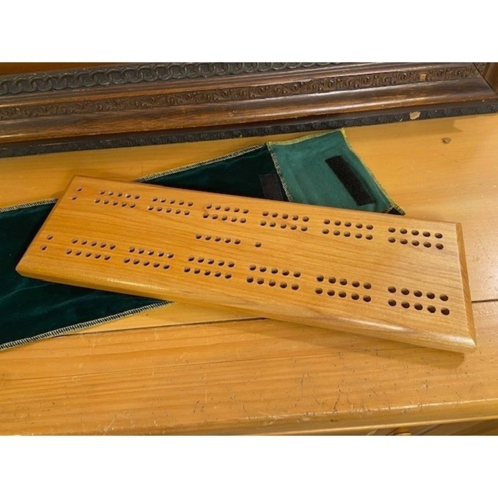 5th Peg Dave Swanson Wooden Cribbage Board 2005 Green Velvet Pouch Excellent